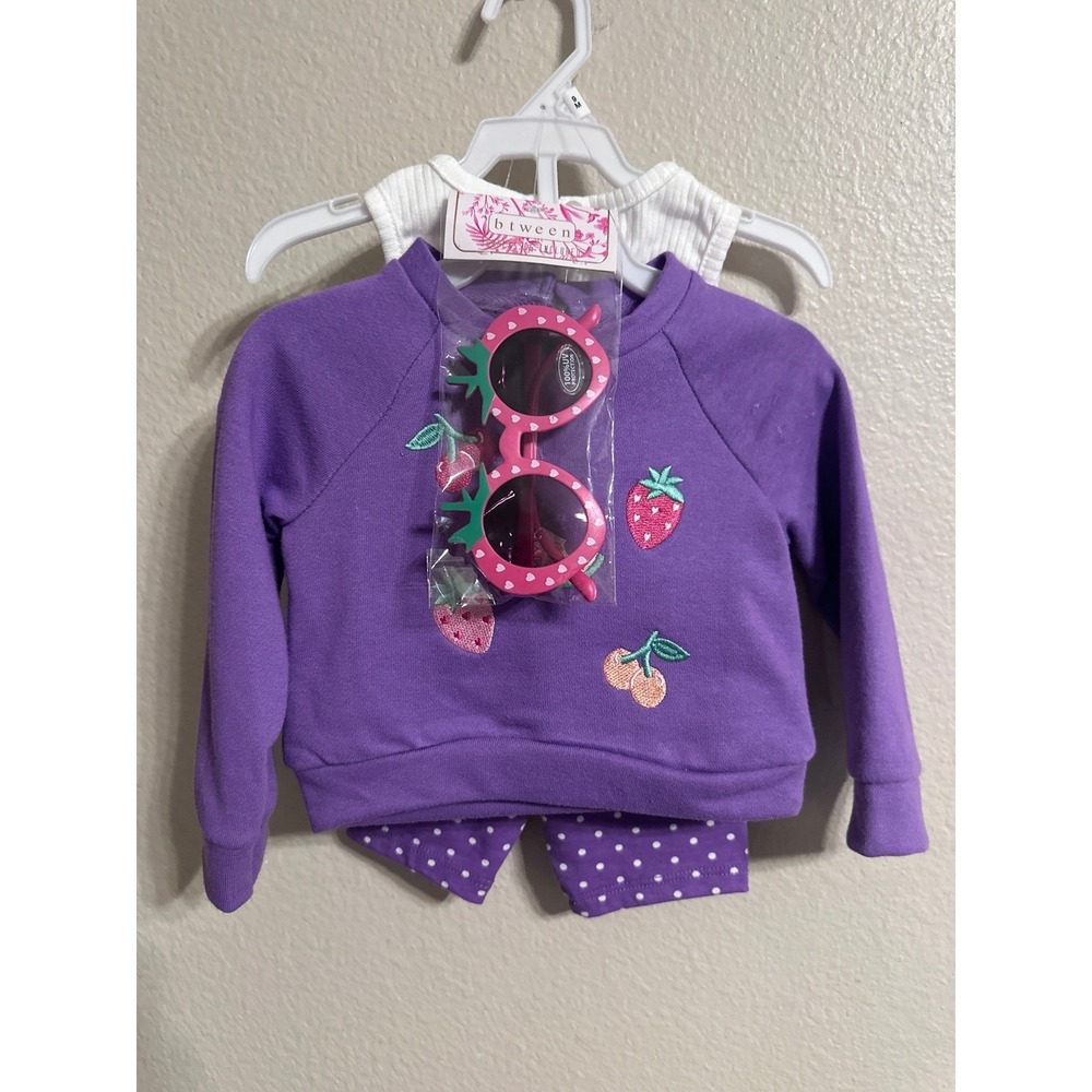 Baby Girls 4 Piece Set Outfit Purple Strawberry Cherries Sunglasses New